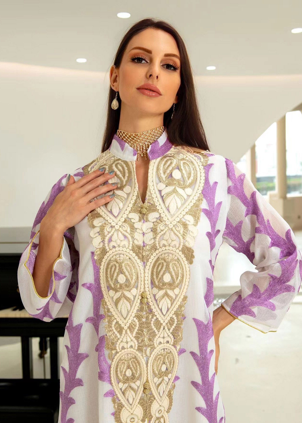 Purple Stand Collar Striped Patchwork Tulle Maxi Dresses Long Sleeve