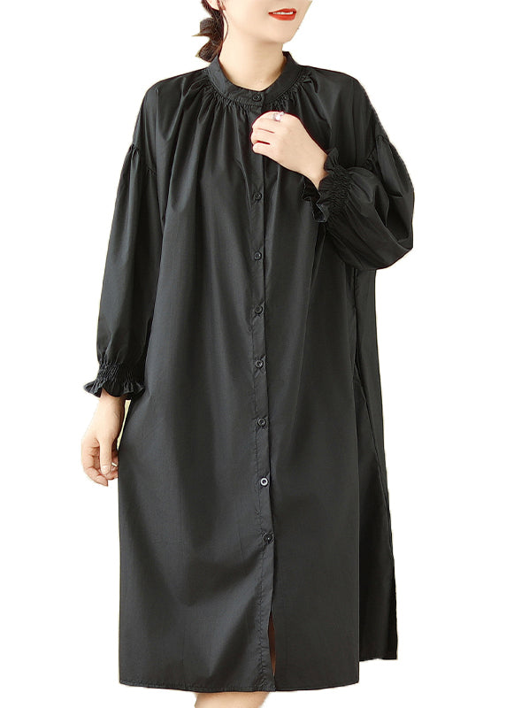 Black Stand Collar Button Patchwork Cotton Shirts Dress Lantern Sleeve