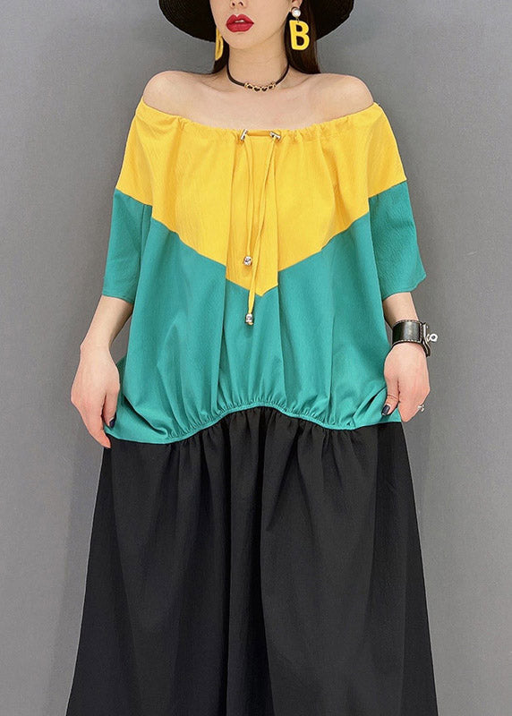 O-neck Patchwork Drawstring Wrinkled Chiffon Dress Short Sleeve
