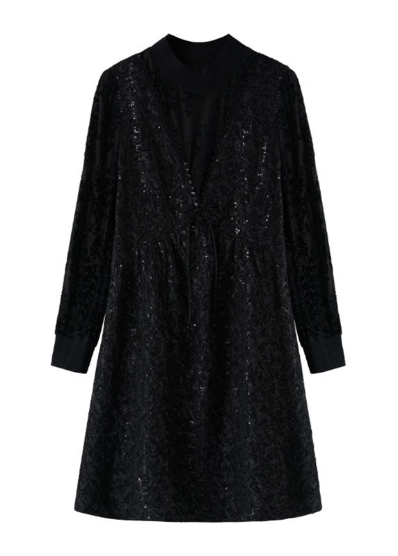 Jacquard Black O-neck Patchwork Nail Bead Fake Two Pieces Mid Dress Fall