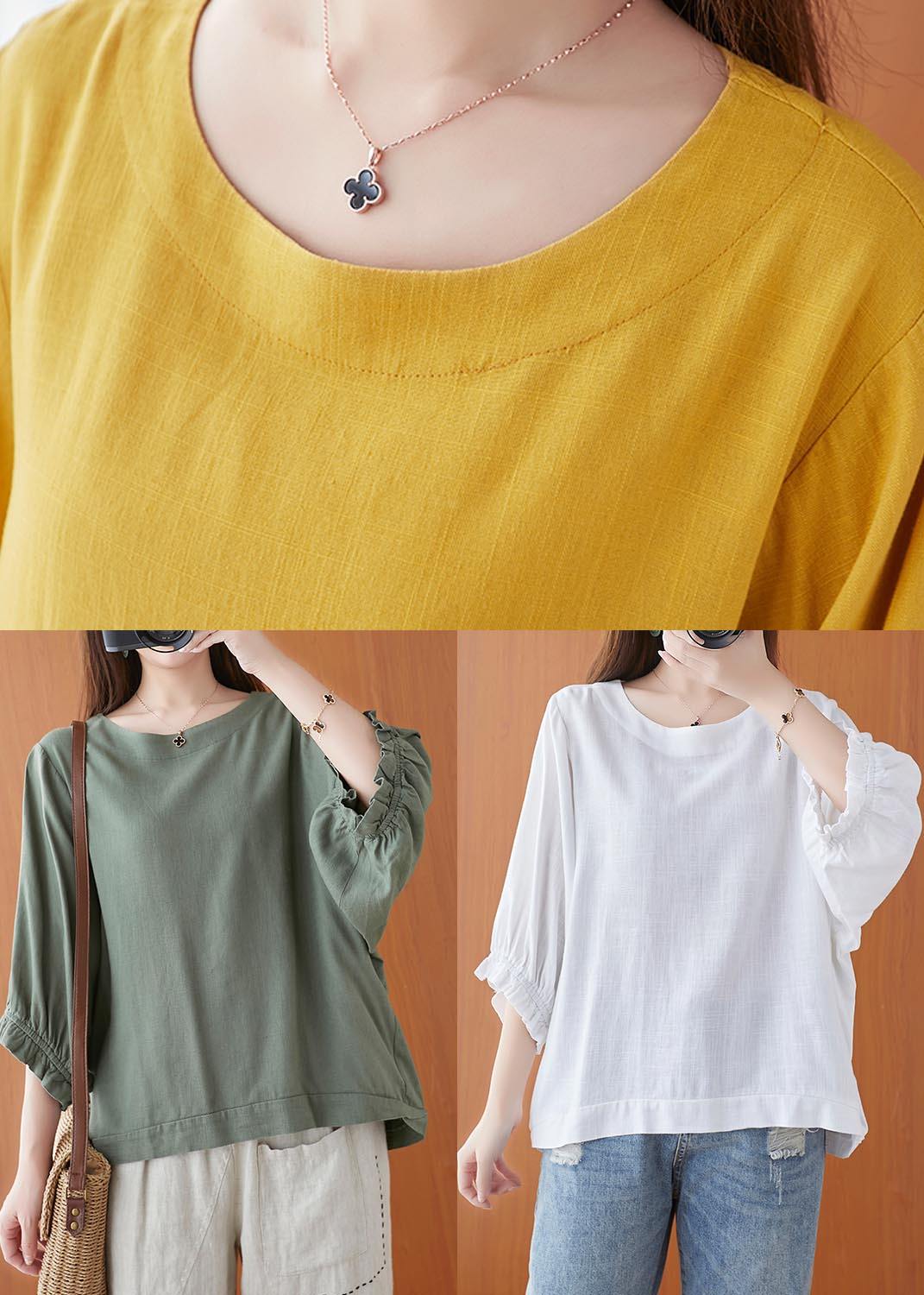 Style Green Lantern Sleeve Cotton Blouse Top Summer