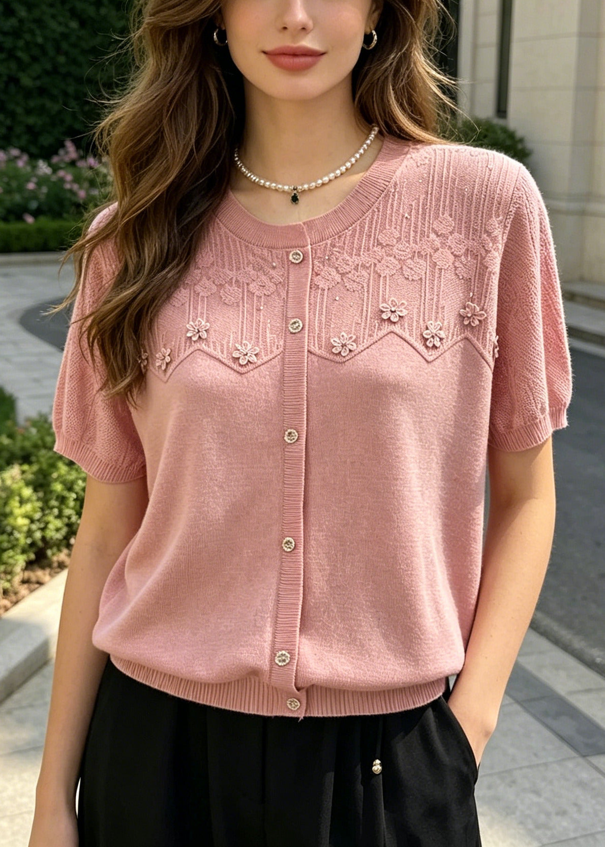 Style Pink O-neck Patchwork Flower Knit Top Summer