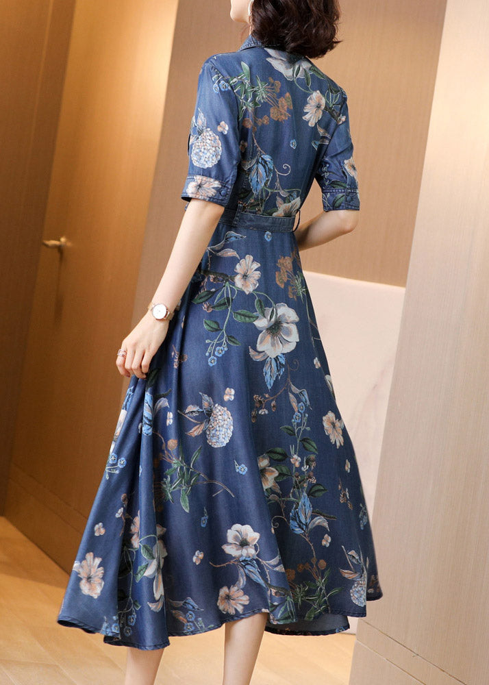 Blue Peter Pan Collar Print Button Sashes Denim Long Dress Short Sleeve