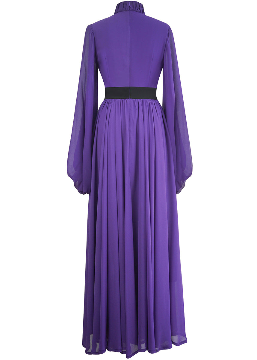 Italian Purple Stand Collar Wrinkled Silk Long Dresses Lantern Sleeve Spring