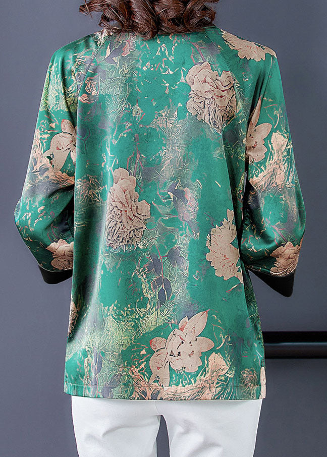 Green O-neck Patchwork Print Silk Shirt Tops Bracelet Sleeve