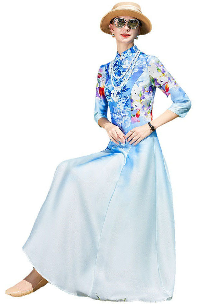 Sky Blue Stand Collar Print Exra Large Hem Silk Dress Cheongsam Bracelet Sleeve