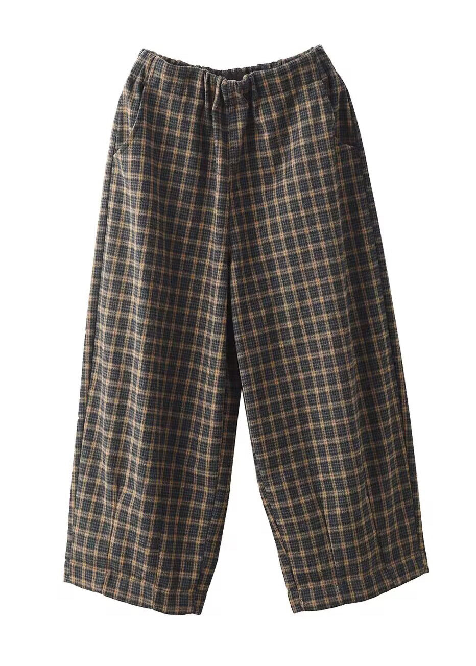 Pockets Plaid Elastic Waist Trousers Spring
