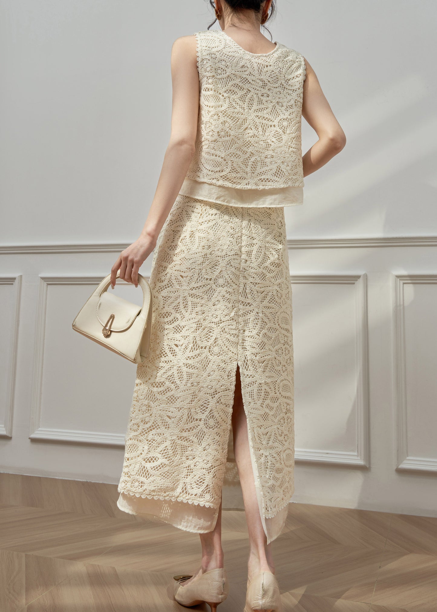Art Beige Hollow Out Top and Maxi Skirts Two Pieces Set Sleeveless