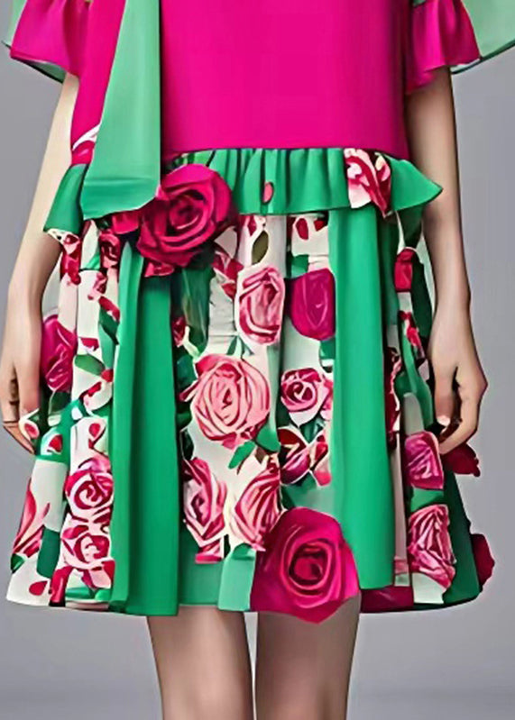 French Green O-neck Ruffled Patchwork Chiffon Mid Dress Summer