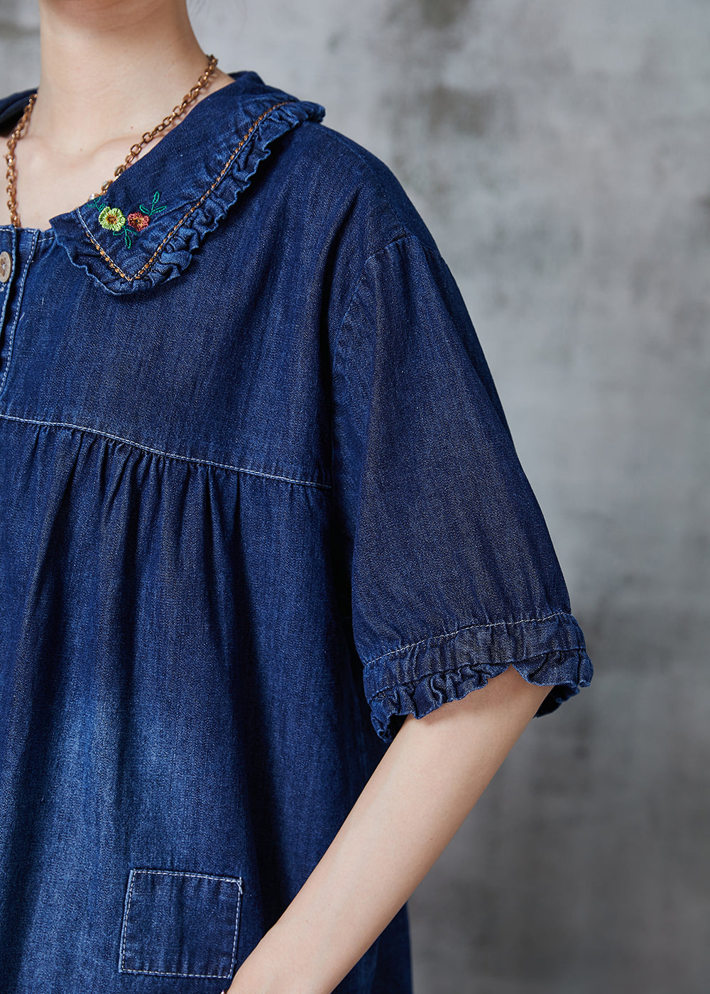 Navy Embroidered Patchwork Denim Two Pieces Set Summer