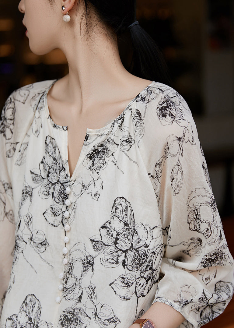 White Oversized Print Cotton Shirts Bracelet Sleeve