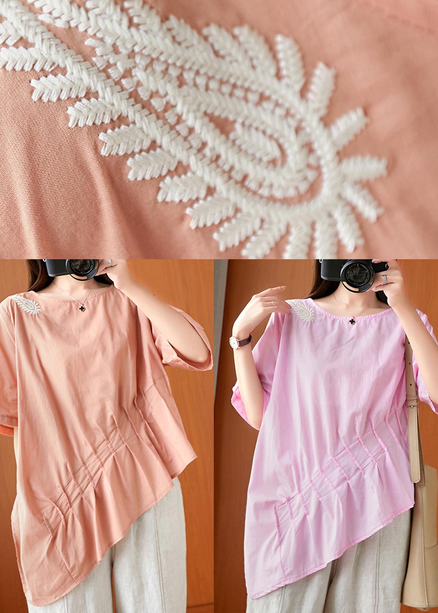 Unique Pink Asymmetrical Design Linen Summer Top