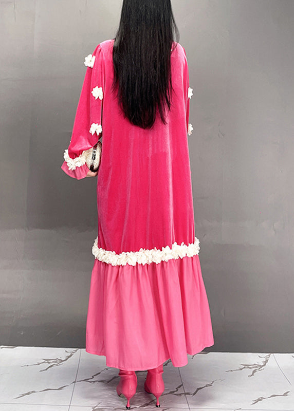 Boutique Red O-neck Embroidered Silk Velour Long Dresses Fall