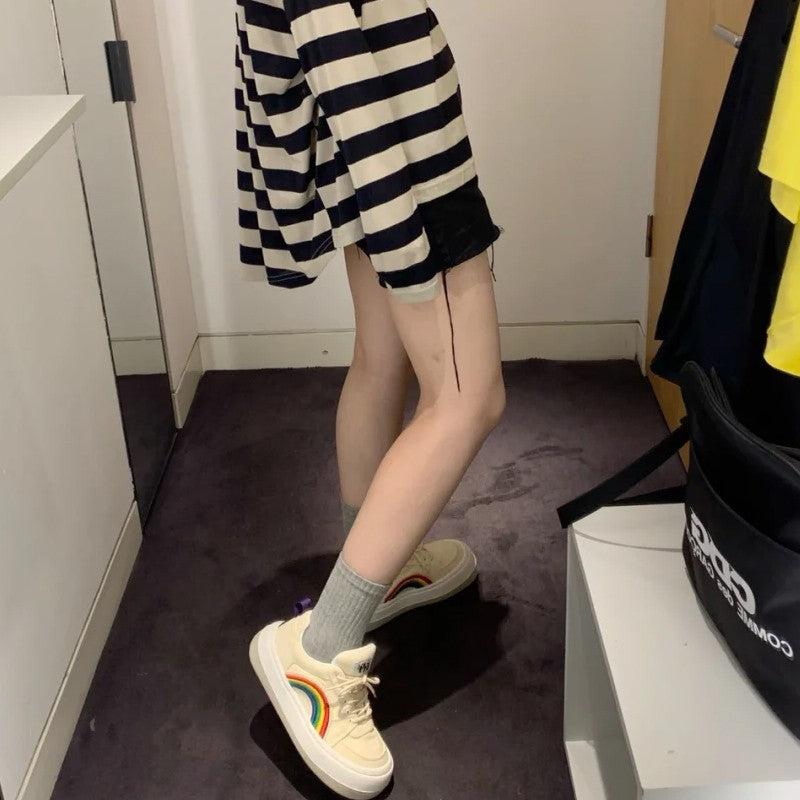 Beige Flats Cross Strap Rainbow Embroidery Flat Shoes for