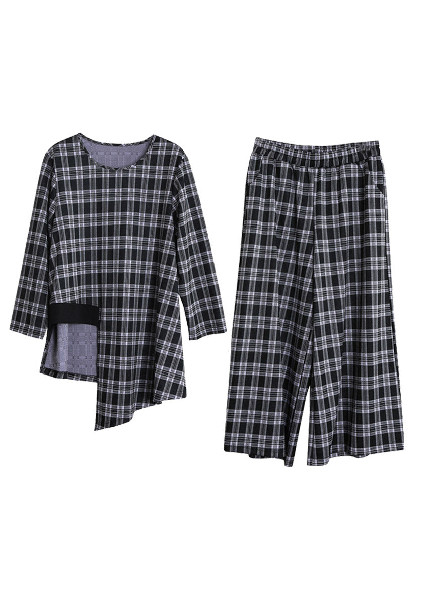 Handmade Black White Plaid O-neck Asymmetrical Top and Wide Leg Pants Two Pieces Set Spring