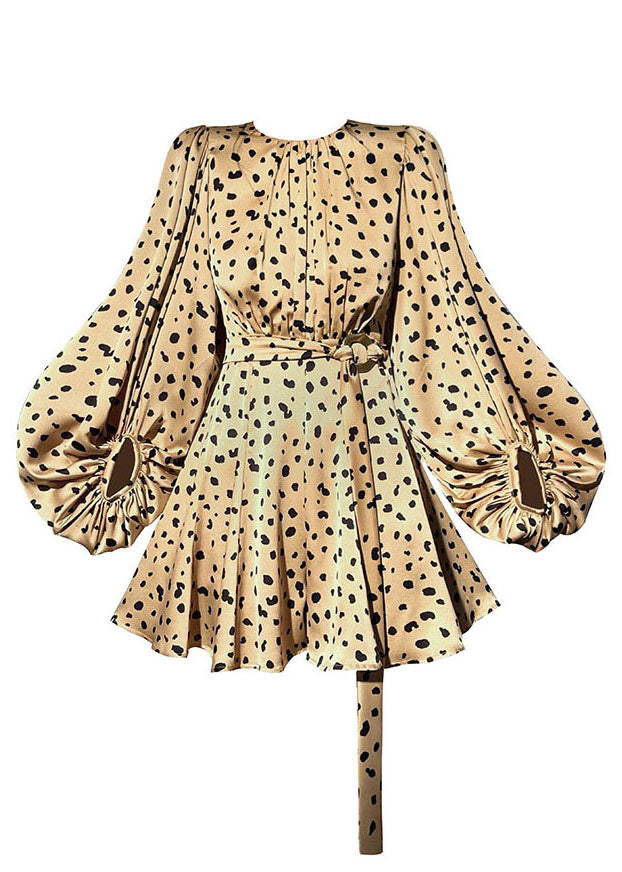 French Yellow O-neck Leopard Print Draping Silk Party Mid Dress Lantern Sleeve