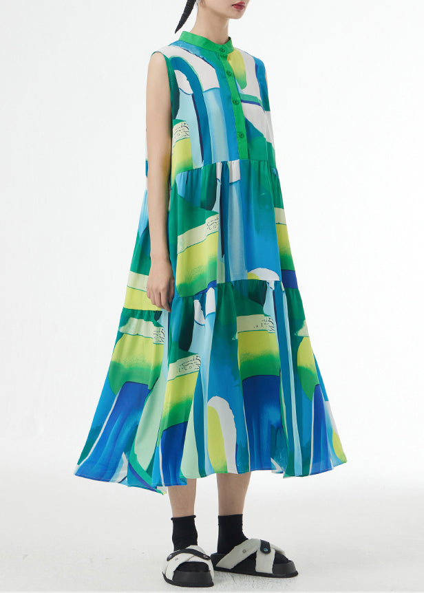 Green Stand Collar Print Patchwork Cotton Party Long Dresses Sleeveless