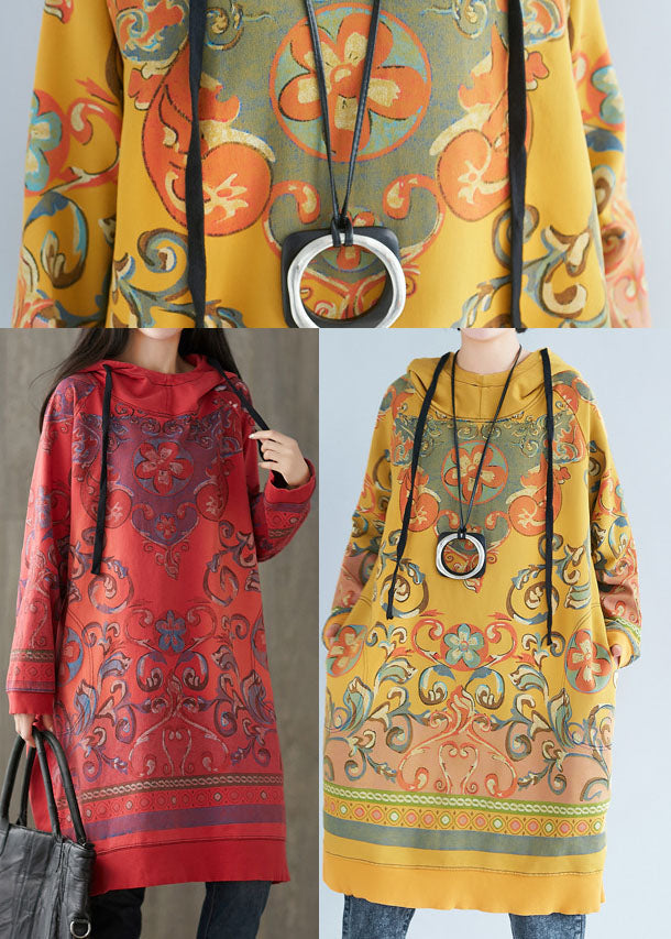 Red Print Sweatshirt Dresses Drawstring Spring