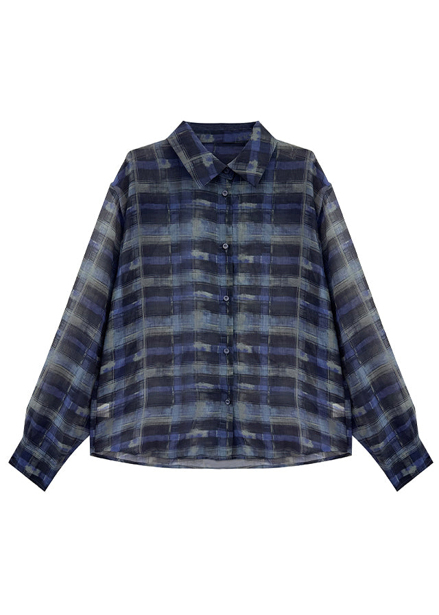 Modern Blue Oversized Plaid Chiffon Two Piece Set Outfits Summer