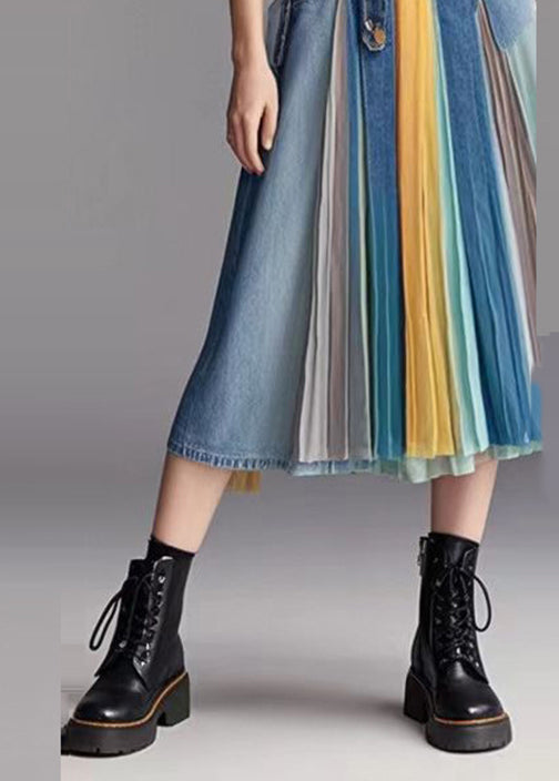 Blue Patchwork Wrinkled Denim Skirts Fall
