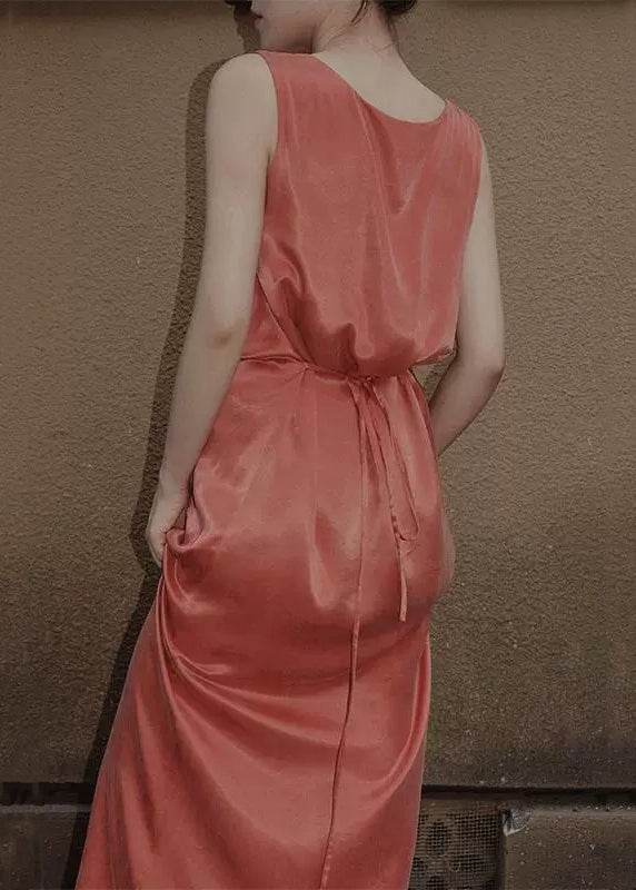 Orange Lace Up Silk Long Dresses Sleeveless Summer