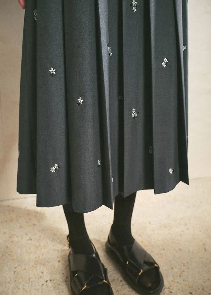 Grey Embroideried Cotton Pleated Skirt Spring