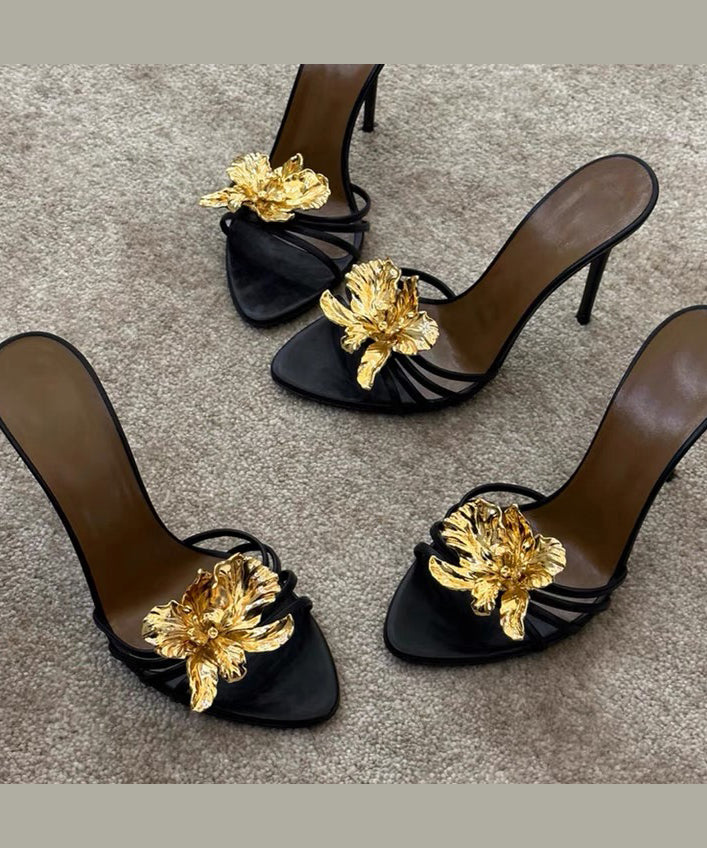 Black Stiletto Faux Leather Splicing Slide Sandals