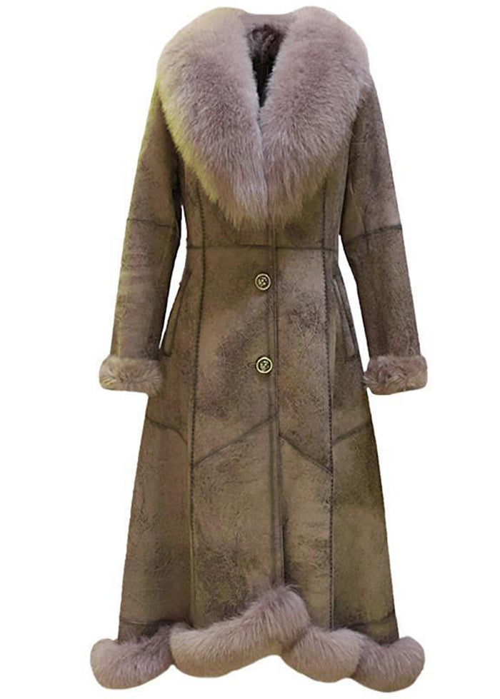 French Khaki Fur Collar Tie Waist Leather and Fur Coat Winter