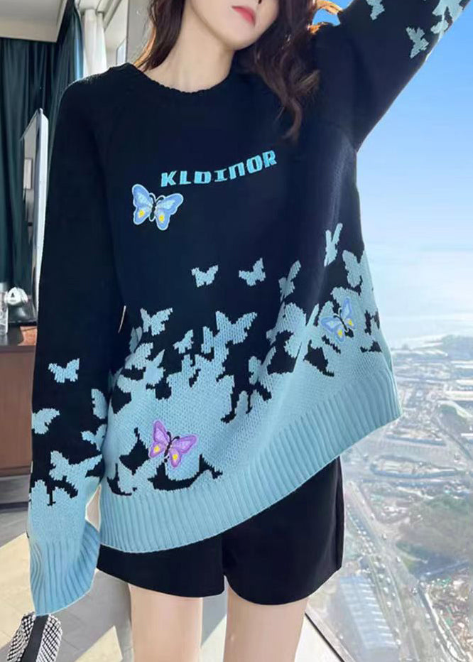 Sky Blue Embroidered Patchwork Cotton Knit Sweaters Long Sleeve