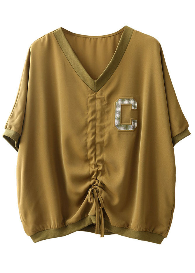 Khaki V Neck Drawstring Letter Blouse Tops Short Sleeve