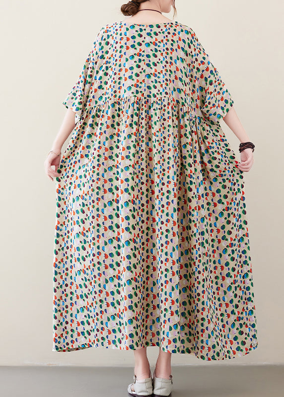 Art Light Khaki O-neck Dot Print Pockets Long Dresses Summer