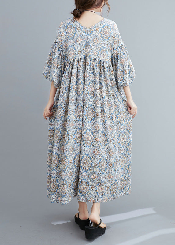 Light Blue Print Wrinkled Long Dresses Lantern Sleeve