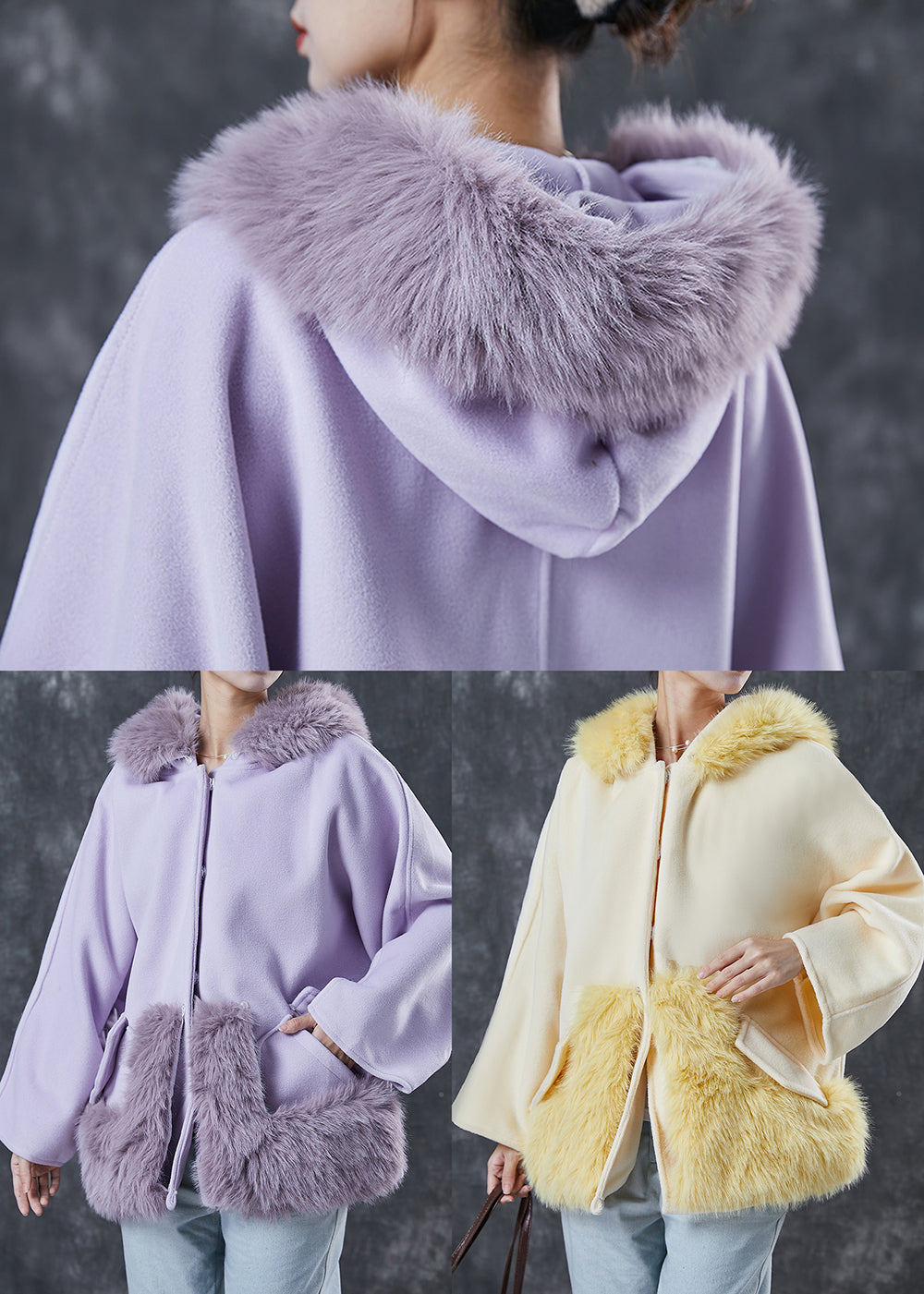 Yellow Patchwork Woolen Coats Hooded Pockets Spring