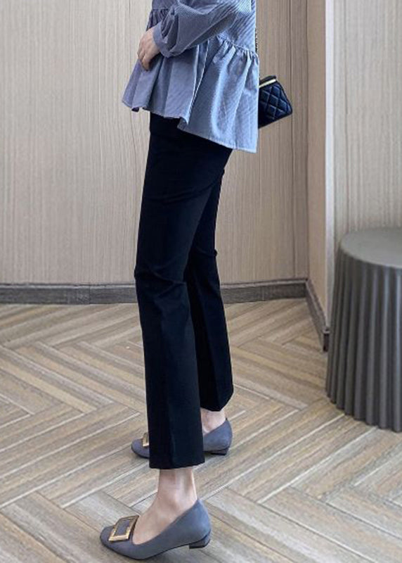 Black High Waist Pockets Ice Silk Crop Flared Trousers