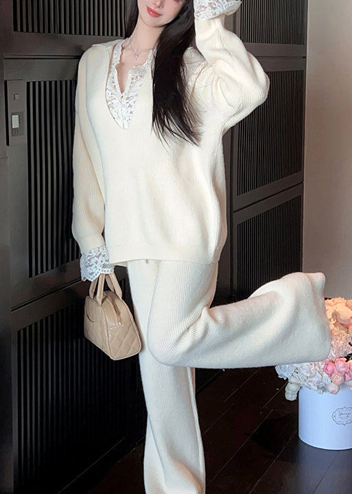 Loose White V Neck Cozy Sweaters and Pants Knit Two Piece Set Fall
