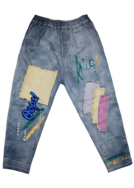 Light Blue Patch Applique Denim Pants Spring