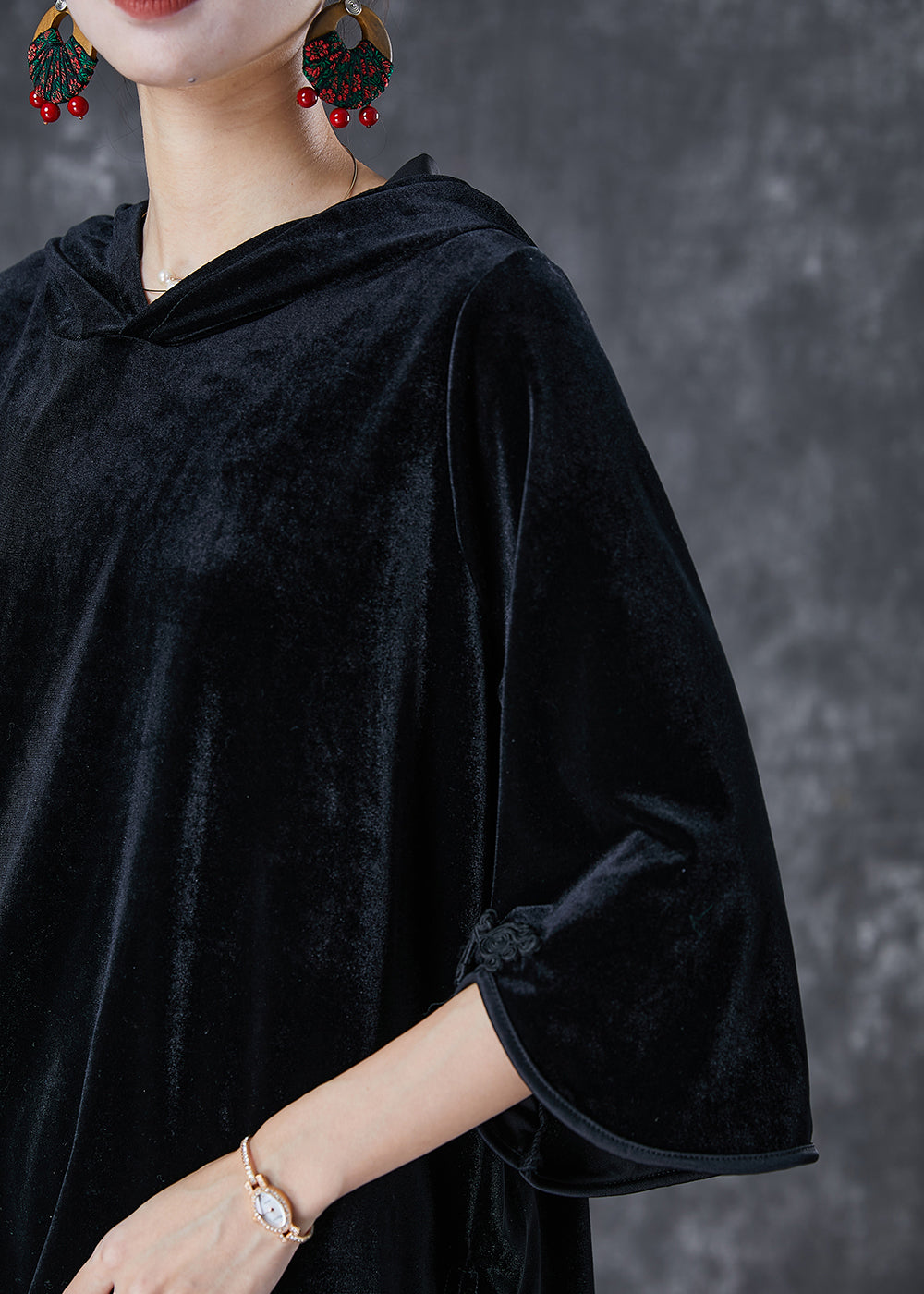 Black Tasseled Chinese Button Silk Velour Two Pieces Set Fall