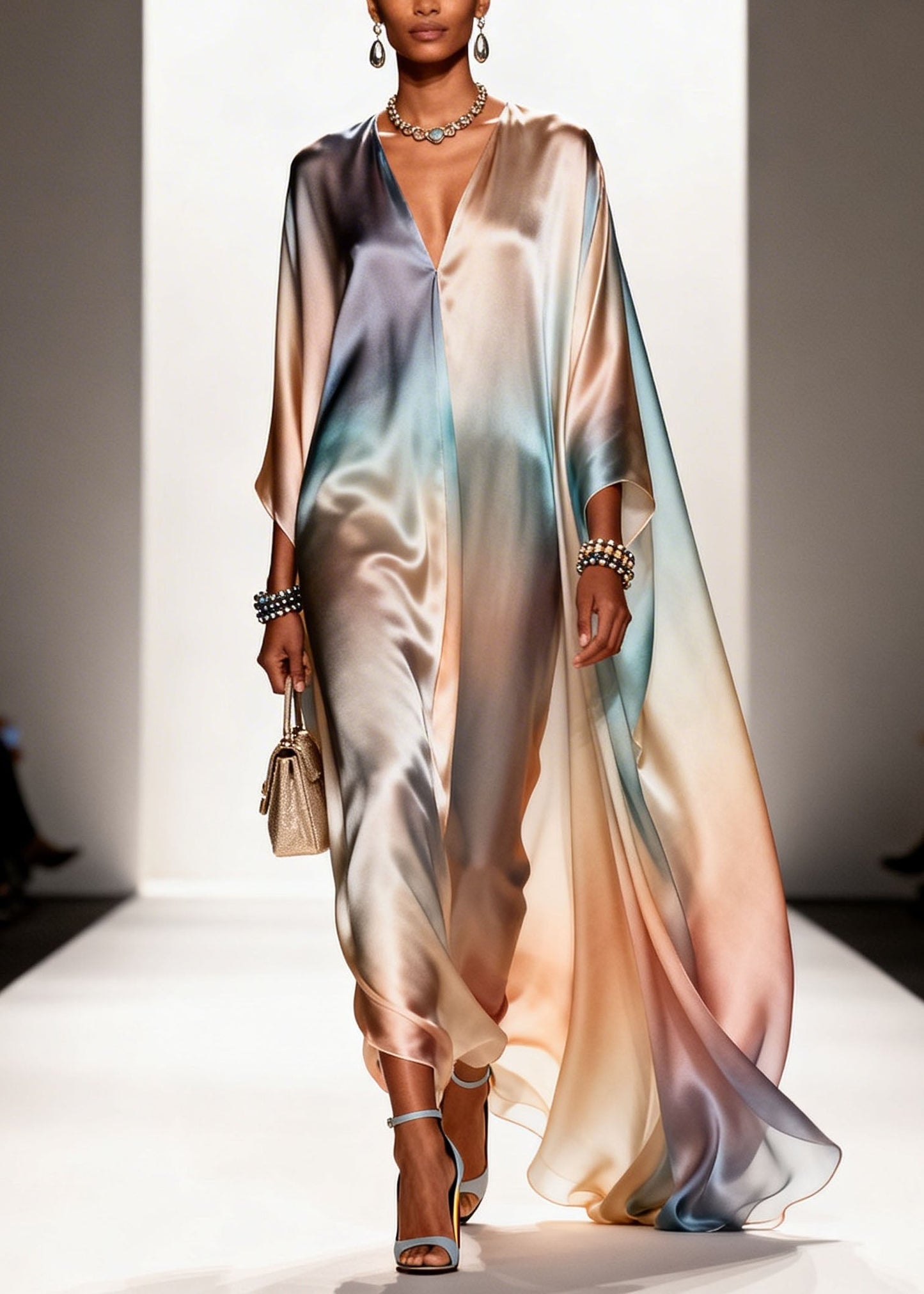 Gradient Color V Neck Chiffon Long Dress Spring
