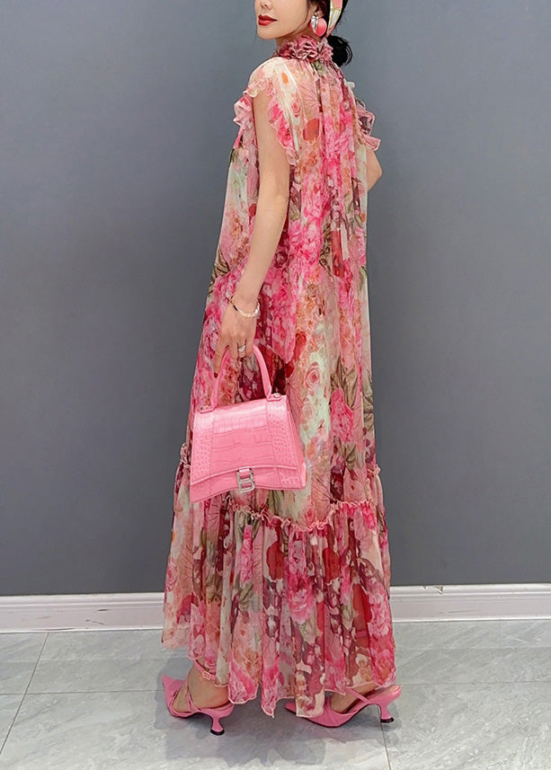 Pink Ruffled Print Patchwork Dress Sets 2 Pieces Summer