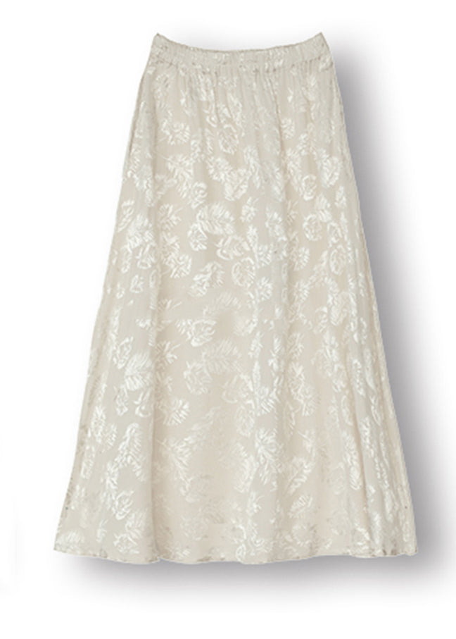 Loose White Print Elastic Waist Satin a Line Skirt Fall