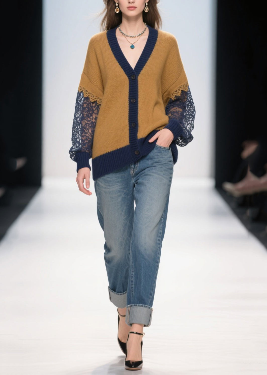 Brown Oversized Hollow Out Patchwork Lace Cardigans Fall