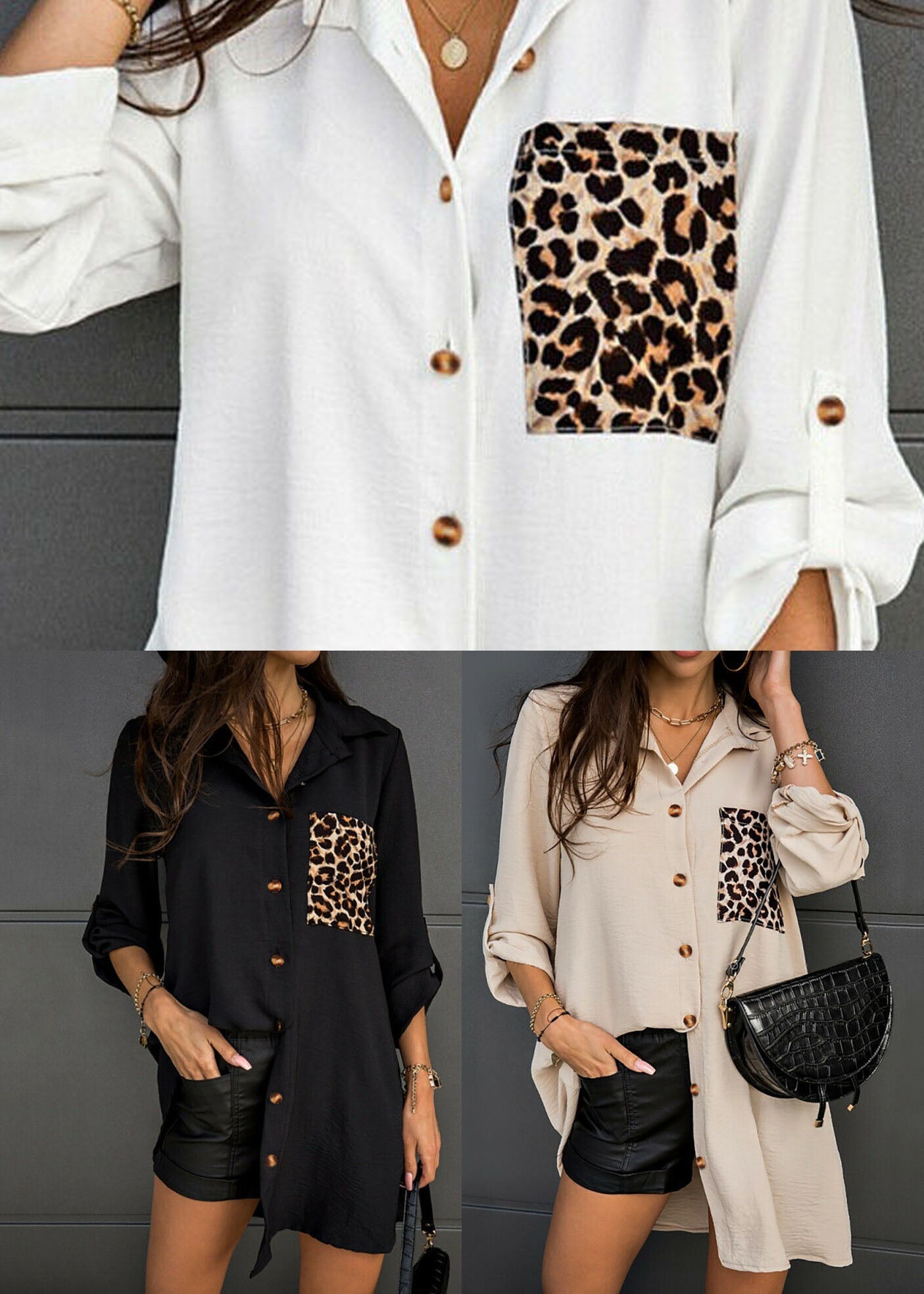 Black Peter Pan Collar Leopard Print Cotton Blouse Tops Long Sleeve