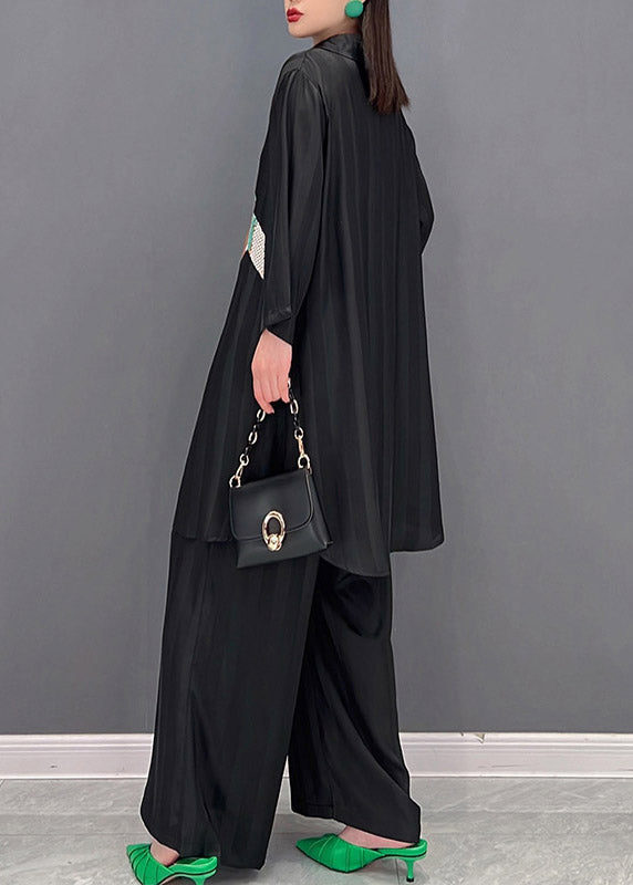 Stylish Black V Neck Asymmetrical Patchwork Chiffon Tops and Wide Leg Pants Two Pieces Set Spring