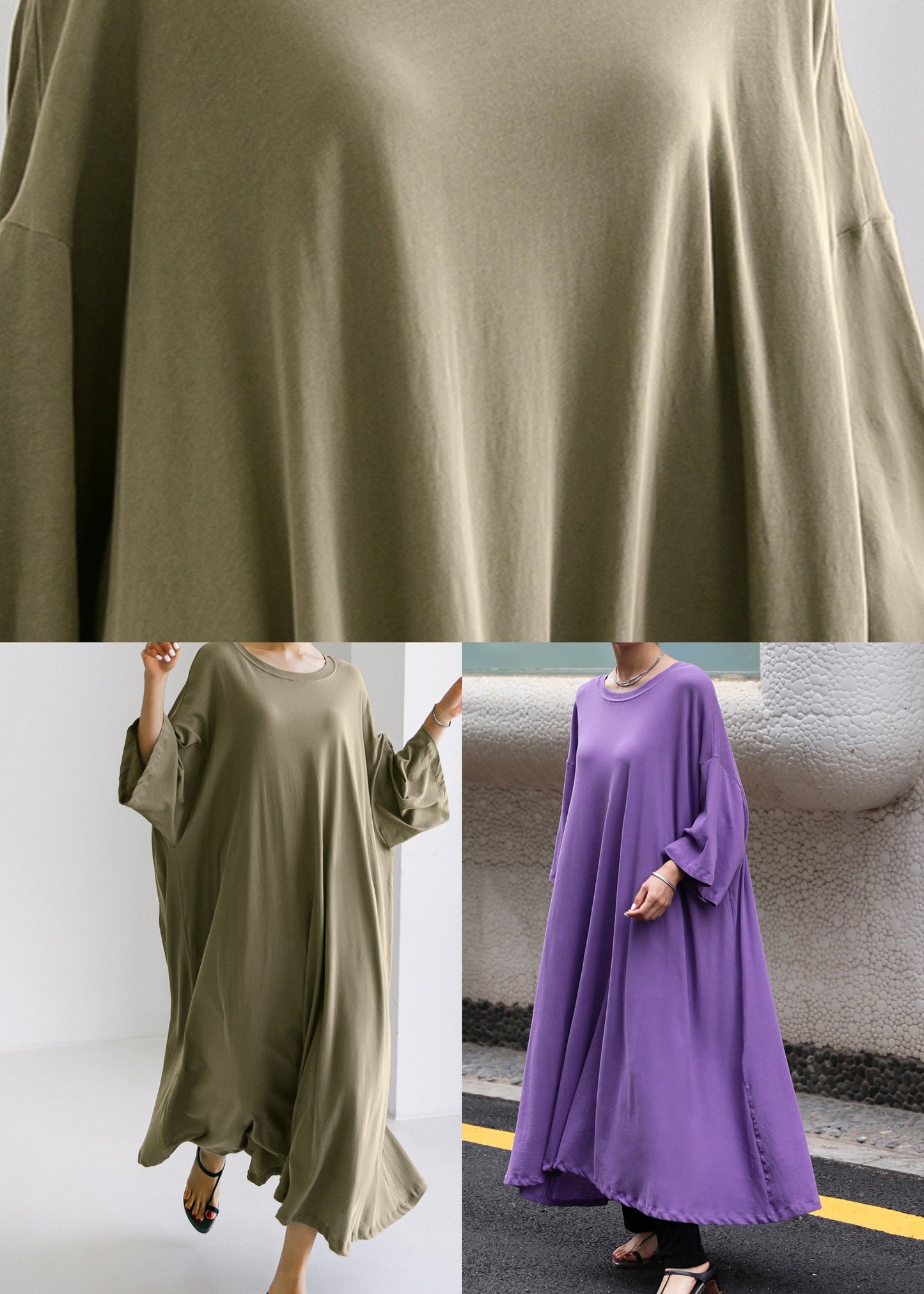 Purple O-neck Cotton Maxi Dress Long Sleeve