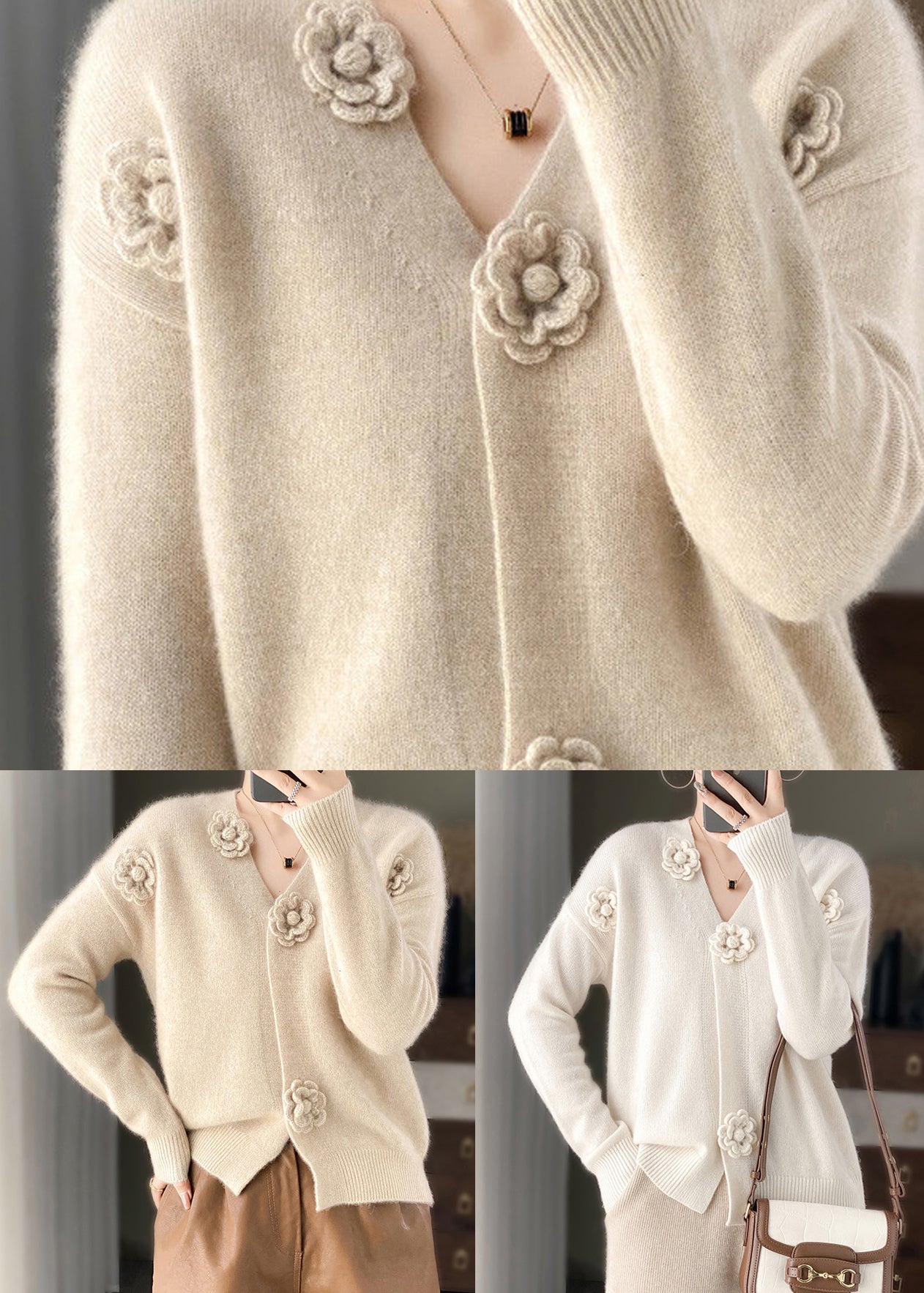 Handmade Beige V Neck Crochet Cashmere Knit Cardigan Spring