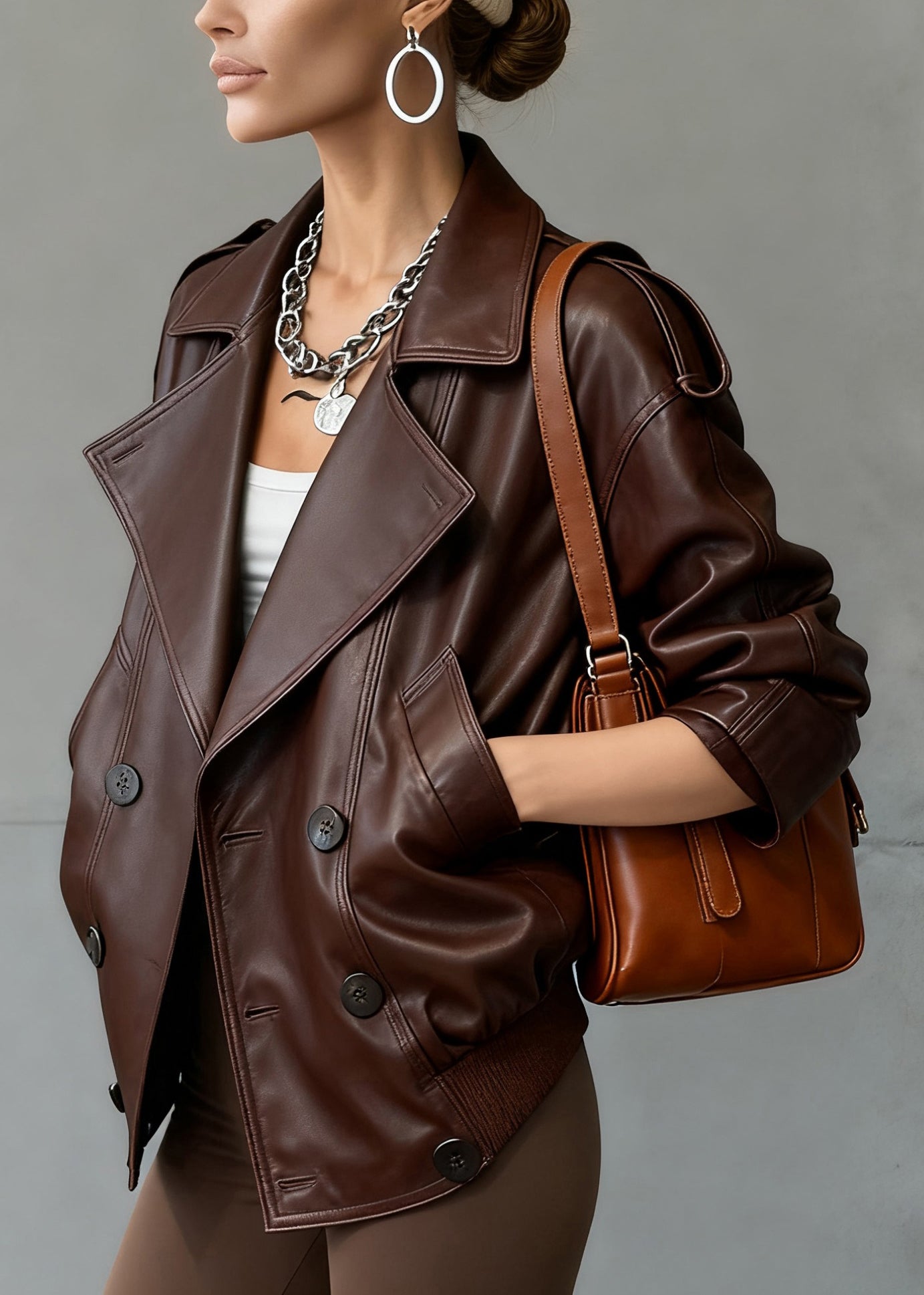 Fine Chocolate Peter Pan Collar Double Breast Sheepskin Jacket Spring