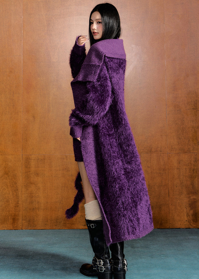 French Purple Peter Pan Collar Patchwork Knit Cardigans and Mid Dress Two Piece Set Winter