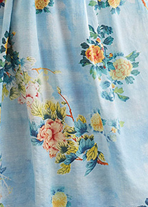 Flower Number Five O-neck Print Pockets Wrinkled Cotton Long Dress Short Sleeve