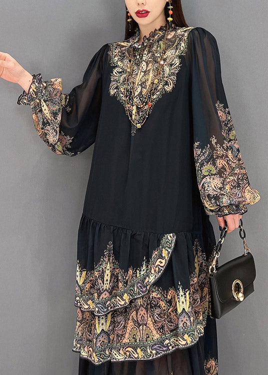 Black Stand Collar Ruffled Layered Print Chiffon Long Dress Lantern Sleeve