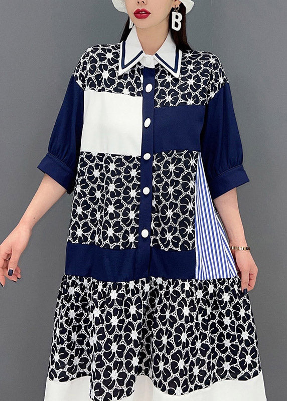Grey Peter Pan Collar Print Patchwork Button Chiffon Dress Half Sleeve